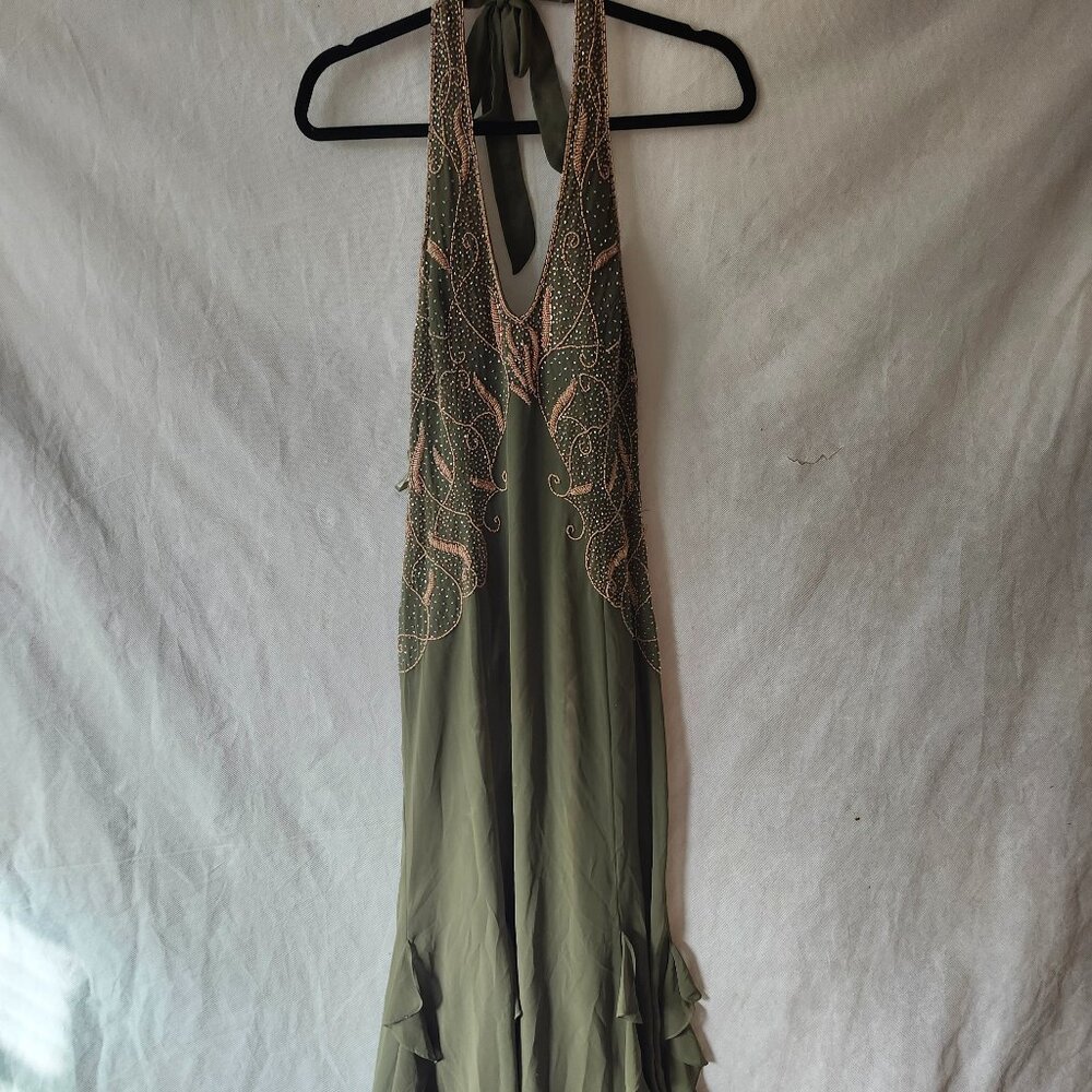 La Femme V-neck Beaded Halter Gown in Olive Green Size 8